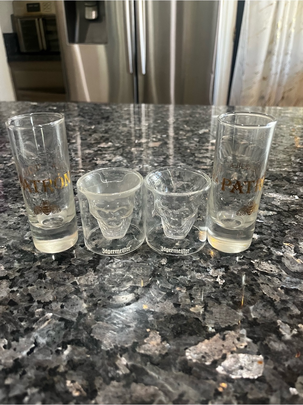 Jagermeister Clear Glass Skull Shot and Tall PatronShooter Set with Gold Accents